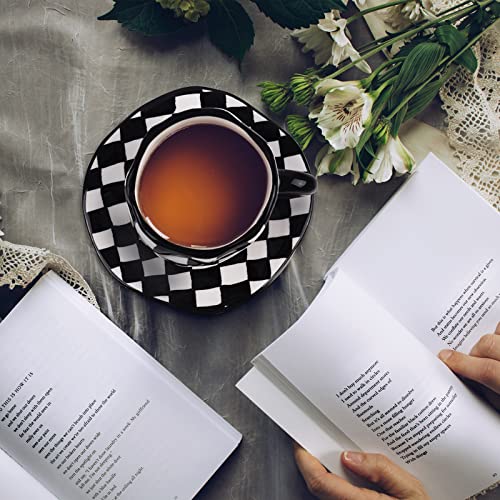 Image of Koythin 10oz Ceramic Coffee Mug With Saucer, Black White Plaid Latte Cup | 300ml Drinkware, Microwave & Dishwasher Safe; Daily Office Cup, Sweet Gift For Women