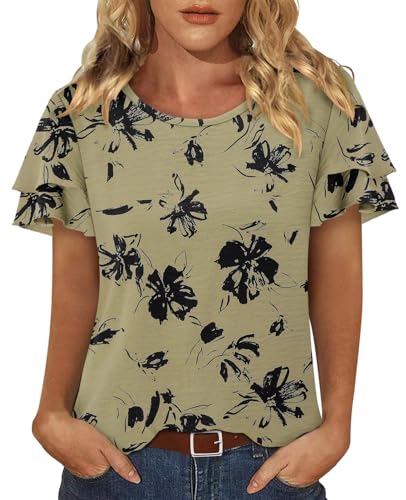 CRAZY GRID Women's Shirts Summer Casual Crewneck Ruffle Short Sleeve Blouses Cute Floral Print Tunic Tops
