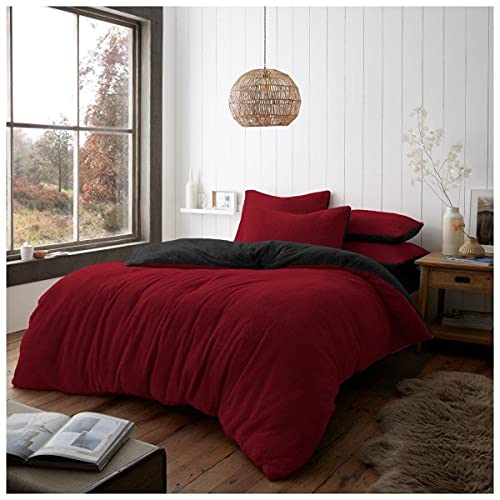 Teddy Bear Bedding Fleece Duvet Cover Double, Warm Reversible Plain Dyed Fluffy Thermal Quilt Set, Deep Red/Charcoal