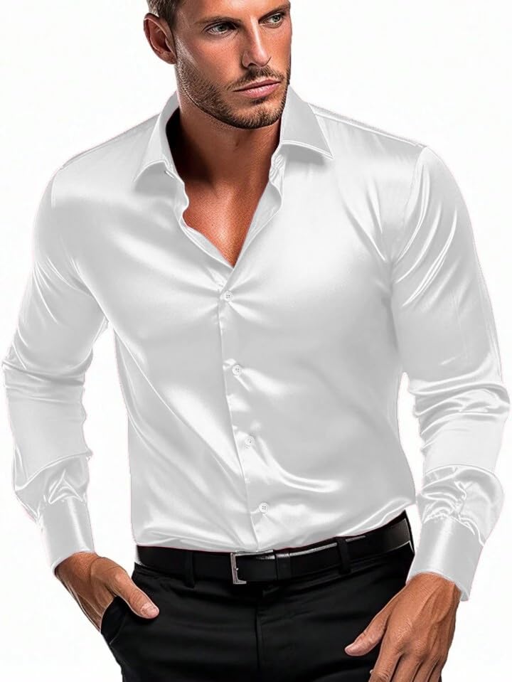 Men's Satin Shirt with Spread Collar Neck Line Solid Pattern Full Sleeves Regular Fit Western Style and Standard Length