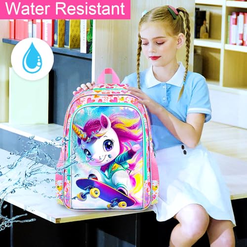 Image of HPJGD 3PCS Unicorn Preschool Backpack Set, Girls Skateboard Bookbag Set for Girls with Lunch Box, Cute Water Resistant Elementary School Bag for Toddler - Pink Unicorn on Skateboard