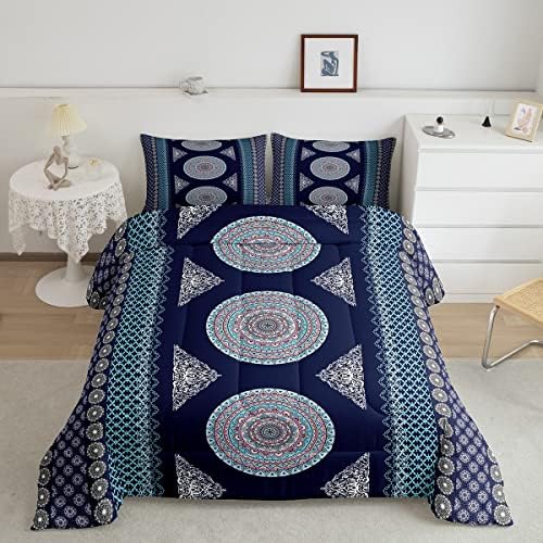 Boho Decor Bedding Set Bohemian Flower Duvet Insert Full,Mandala Paisley Medallion Comforter Set,Moroccan Aztec Bed Quilt Ethnic Tribal Exotic Striped European Style Bedroom Decor Black Purple