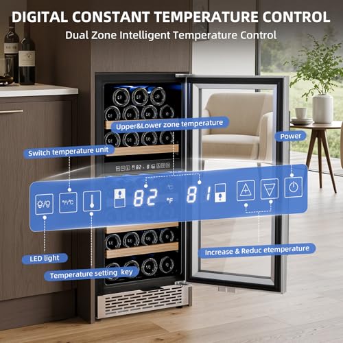 Image of Antarctic Star Wine Fridge 15 Inch Wine Cooler Refrigerator,27 Bottles Dual Zone Freestanding or Bulit-in Wine Cooler Fridge with Stainless Steel Double-Layer Tempered Glass Door,3.1cu.ft