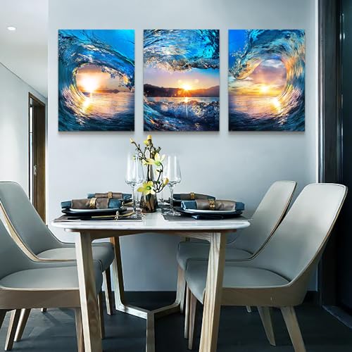 Lapremoly Wall Decor for Living Room & Bedroom - Canvas Wall Art - Ocean Waves Sunrise - Modern Bathroom Home Decoration - Ready To Hang - 16x24 in