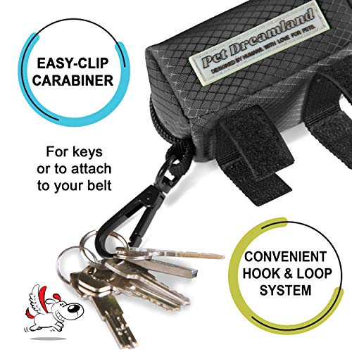 Image of Pet Dreamland Dog Bag Dispenser - Pet Waste Bag Holder Leash Attachment - Includes one Free Roll of Poop Bags - Zippered Pouch, Hook&Loop Straps and Carabiner Clip for Easy Carry (Black)