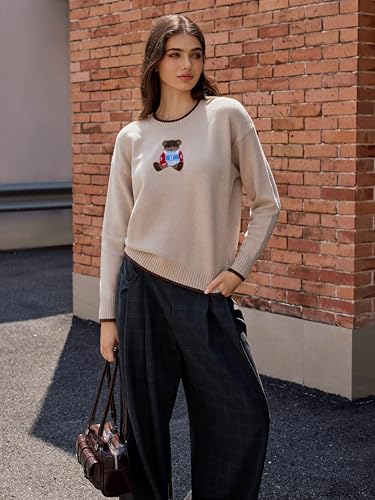 Image of CIDER Women's Fall Sweaters Long Sleeve Cute Sweaters Bear Graphic Crewneck Soft Knit Casual Cropped Pullover