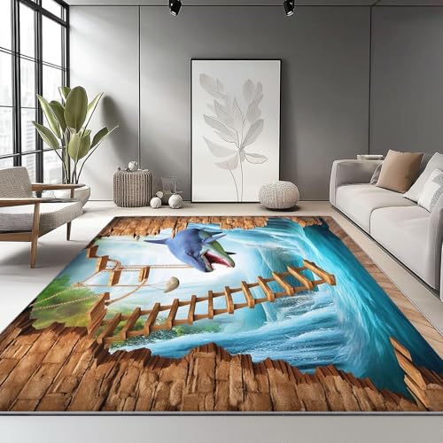 Tapis chambre salon décor motif cascade requin 3D immersif - 3