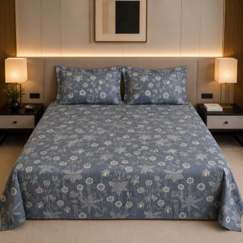 Image of Linen Home Cotton Percale Flat Bedsheet Set King Size Floral Blue