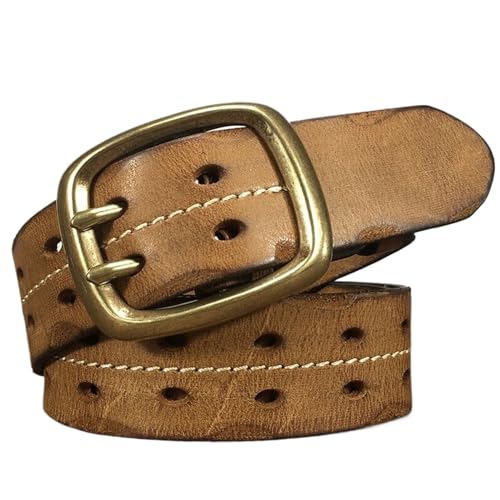 Leather Belt for Men Metal Double Pin Buckle, Adjustable Cowhide Casual Double Row Hole Belt Men,Khaki,115CM/45.3''