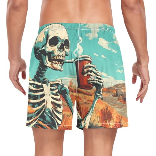 Mens Swim Trunks with Liner, Coffee Skeleton Funny Cool Quick Dry Beach Swim Shorts, Swimwear Bathing Suits S2