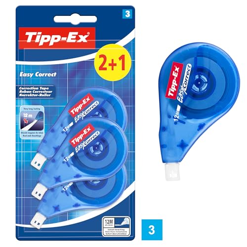 Tipp-Ex Korrekturroller Easy Correct zum seitlichen Korrigieren, 12m x 4.2mm, 3er Pack, Ideal für das Büro, das Home Office oder die Schule