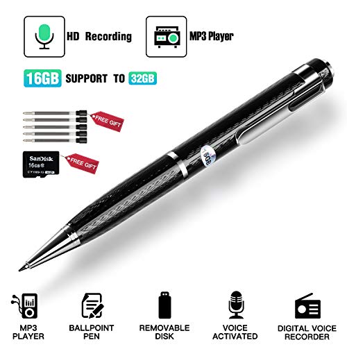 Grabadora de Voz Digital Portátil,16GB Bolígrafo Grabadora Audio Con Reproductor de MP3,Grabadora de Voz Espia Oculta con USB Recargables,Grabadora Sonido Estereo para Reuniones,Cursos,Conciertos