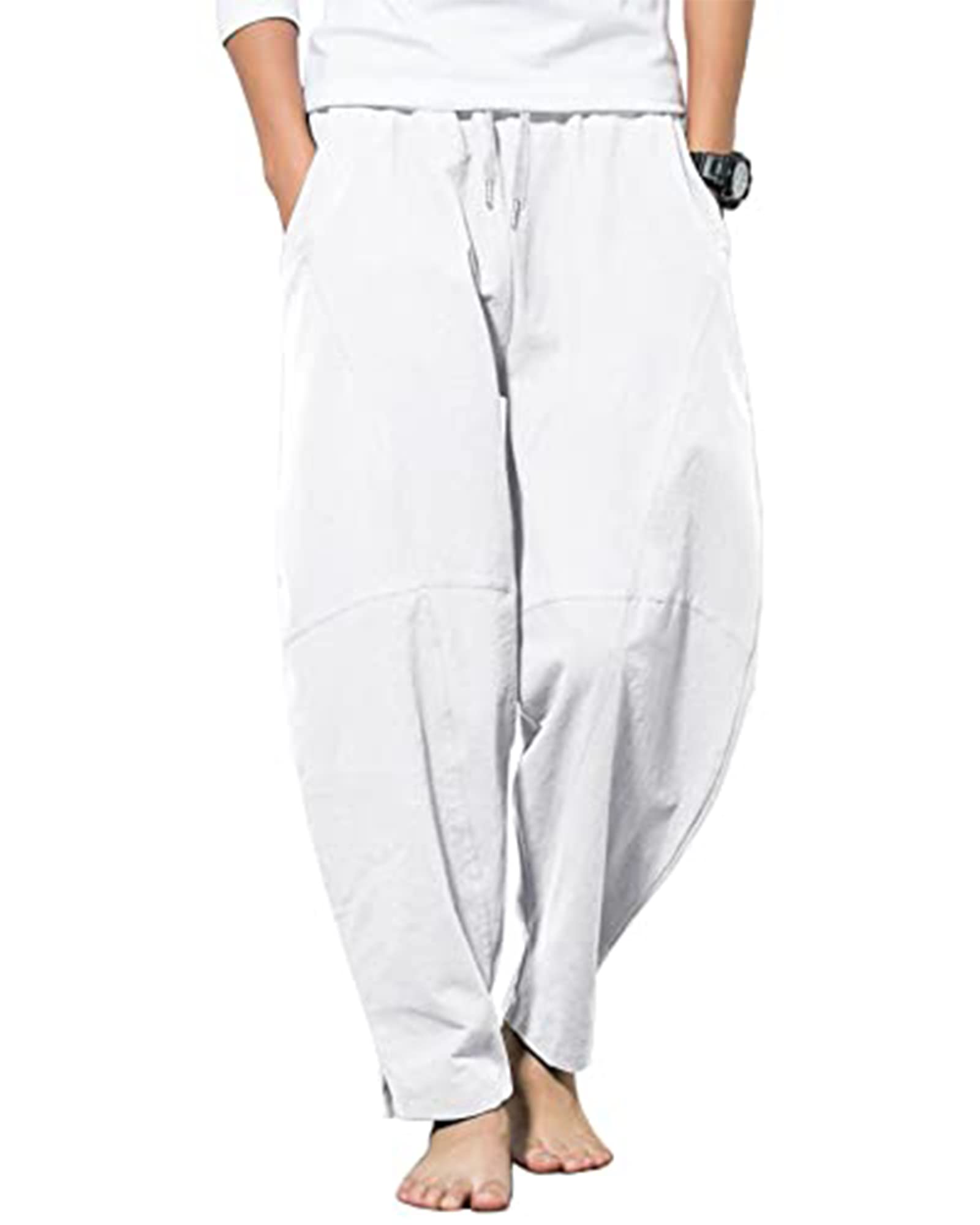 YAOBAOLE Herren Leinenhose Freizeit Loose Fit mit Taschen und Elastikbund