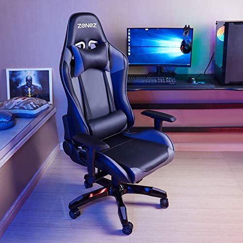 ZENEZ-Silla-Gaming-Silla-Gamer-Ergonomica-con-Soporte-de-Masaje-Lumbar-y-Cojin-para-el-Cuello-Silla-Escritorio-de-Cuero-PU-Ajustable-a-180para-Videojuegos-Gris