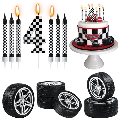 13 Pcs Racing Cars Themed Birthday Candles, Black and White Checkered Birthday Cake Candles, Numeral 4 Candle Wheel Tire for Racing Car Party Decoration Theme Party Supplies