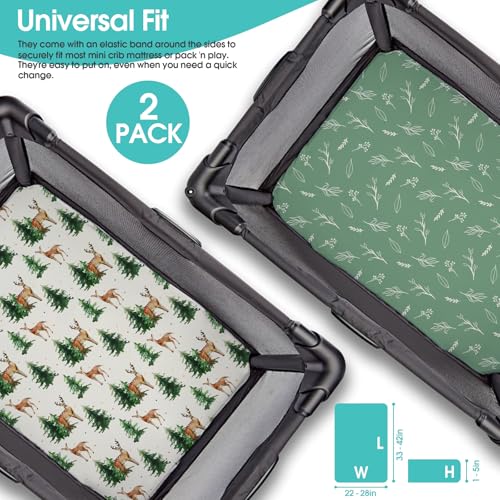 Image of Pack n Play Sheets, BROLEX 2 Pack Mini Crib Sheets,Stretchy Portable Fitted Playard Sheet Set, Convertible Playard Mattress Cover,Ultra Soft Breathable Material,Sika Deer & Foliage