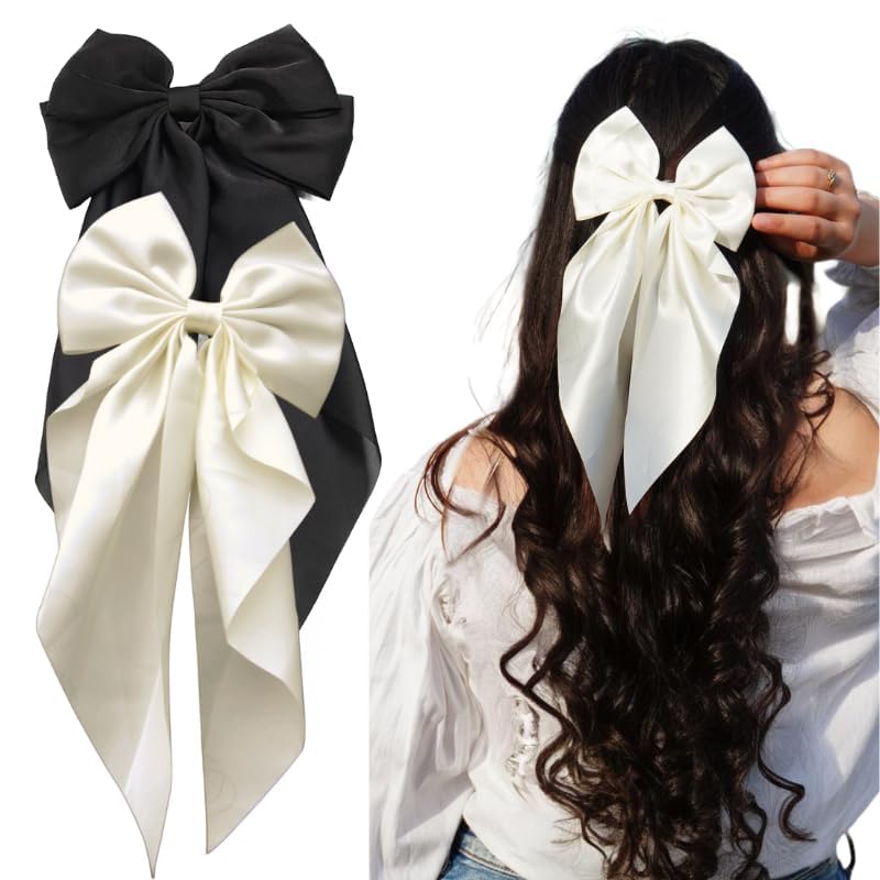 ChicTresses® 2 Pack Black and Off White Hair Bows - Bow Clips for Women and Girls - Luxury Silky Satin Barette Hair Clip - Cute Hair Accessories