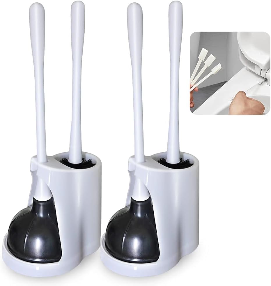 Juego de 2 escobilla de inodoro y émbolo, cepillo blanco y émbolo de inodoro resistente con soporte ventilado, juego de émbolo de escobilla de