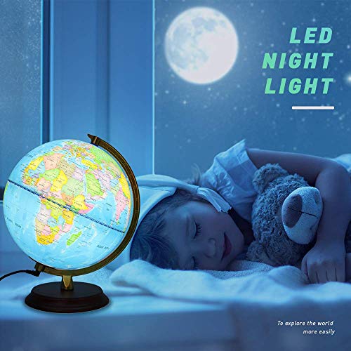 Illuminated Globe Lamp of The World with Stand - Size 8" - Globe for Kids Globe lamp Geographic Globe with LED Light Illuminated 2-in-1 Desktop World Globe Discovery Educational World Globe.