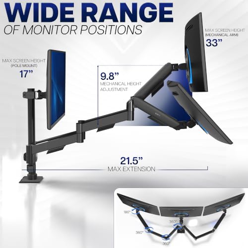 Image of VIVO Triple Monitor Stand, Fully Adjustable Arms for 17 to 27 inch Screens, Mechanical Articulating Desk Mount, Gaming and Office Setups, VESA 75x75, 100x100, Max 19.8 lbs, Classic, Black, STAND-V003O