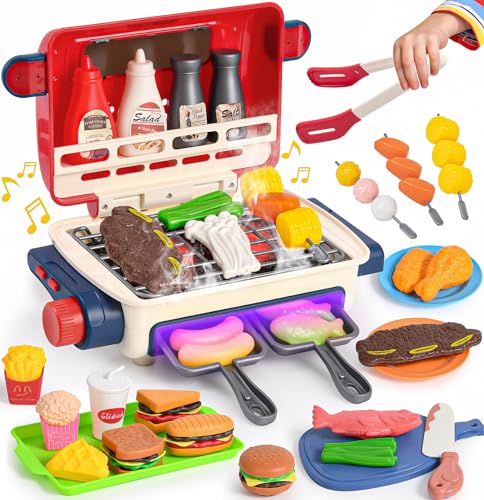 TUZT 48-Piece Kids BBQ Grill Playset with Lights & Sounds, Spray Food, Role Play Kitchen Accessories, Children's Kitchen Toys, Gift for Boys & Girls Ages 3-6+