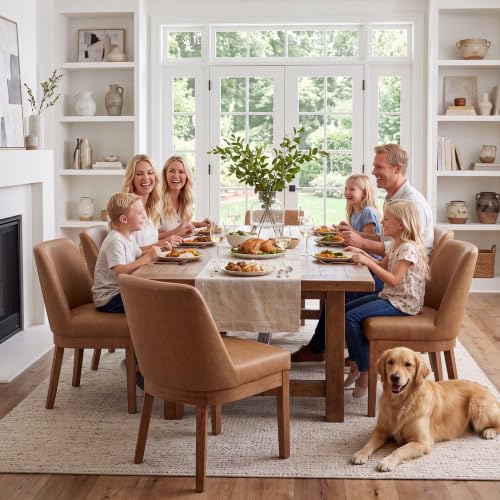 Image of Brown Faux Leather Dining Chairs Set of 6, Upholstered Dining Room Chairs | Comfortable Back Support, Sturdy Brushed Solid Wood Legs, Modern Farmhouse Kitchen Chairs for Living Room, Home, Apartment