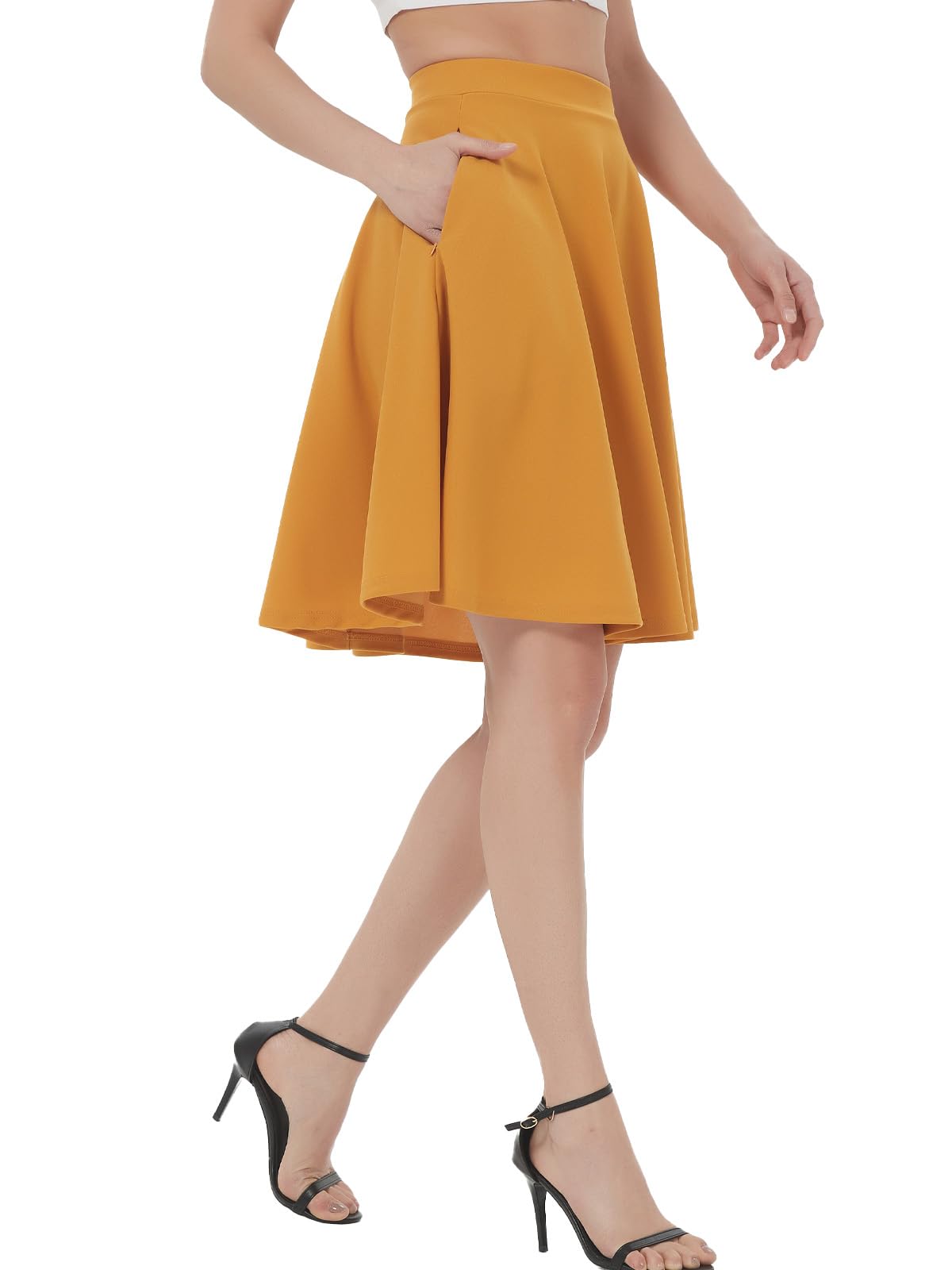 Soudittur Plisseerock Damen Basic Solid Midi-Rock Elegant Faltenrock Elastisch Hohe Taille Plisseerock Knielang Skater Rock mit Reißverschlusstasche