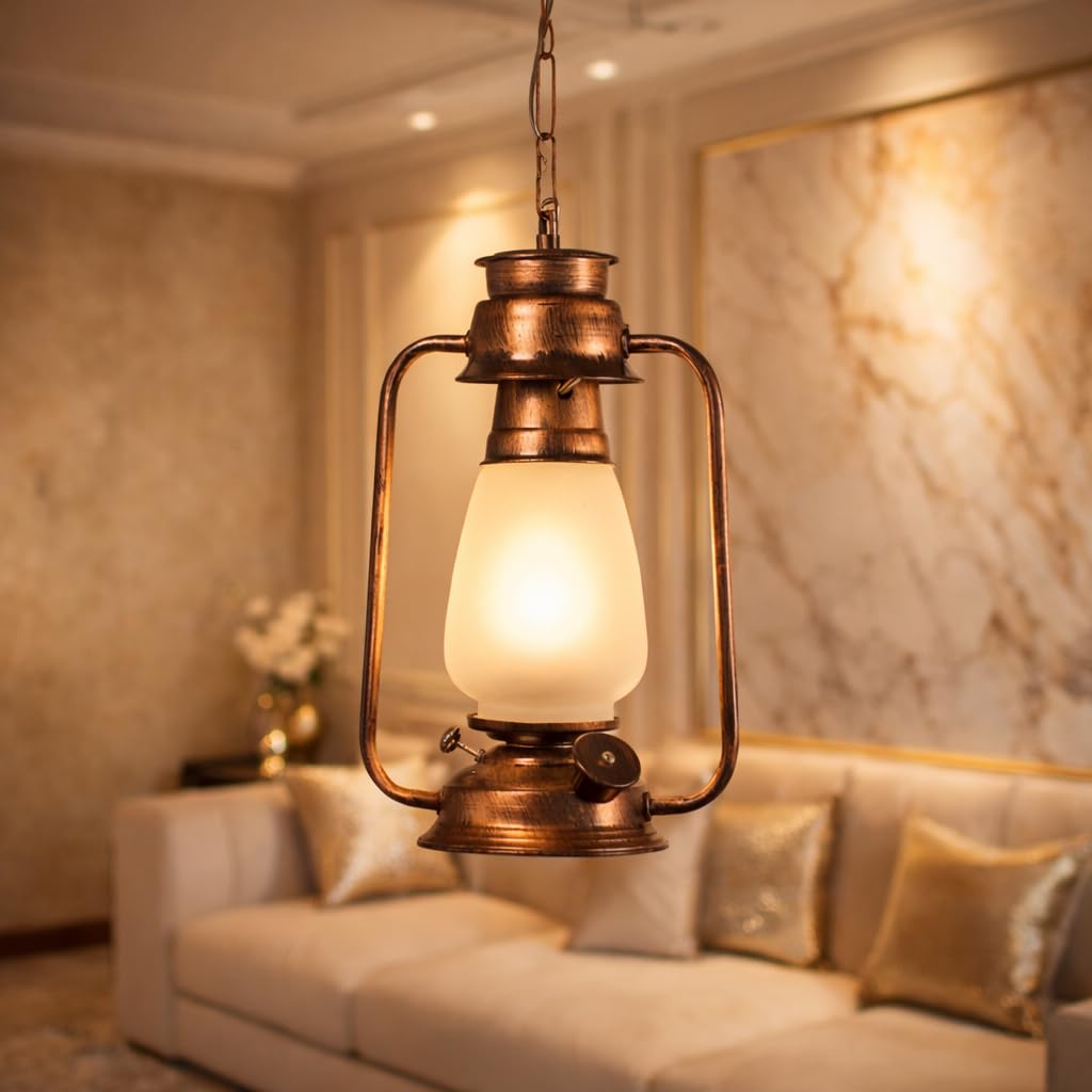 tu casa Milky White Glass Shade with Copper Metal-Iron Base Hanging Lamps Lantern| Modern Pendant Ceiling Lamp for Home, Café, Restaurant, Bar & Office Décor (Height-22 Inch/No Blub Included)-image-38
