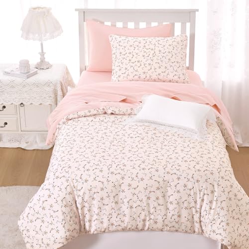 Image of Wake In Cloud - Floral Comforter Set, Coquette Cottagecore Aesthetic Cute Flower Pattern for Women Teen Girls, Soft Lightweight Dorm Bedding, 3 Pieces, Dusty Pink, Twin /Twin XL Size