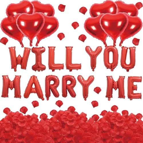 Will You Marry Me Deko, Romantische Heiratsantrag Deko Mit Herz Folienballon, Rote Künstliche Rosenblätter Und Buchstaben Folienballon, Perfekt Für Verlobung, Hochzeit Und Valentinstag