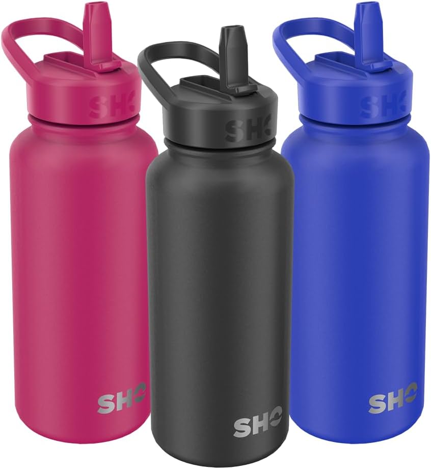 SHO Stainless Steel Guzzler Water Bottle with Straw Lid Leakproof