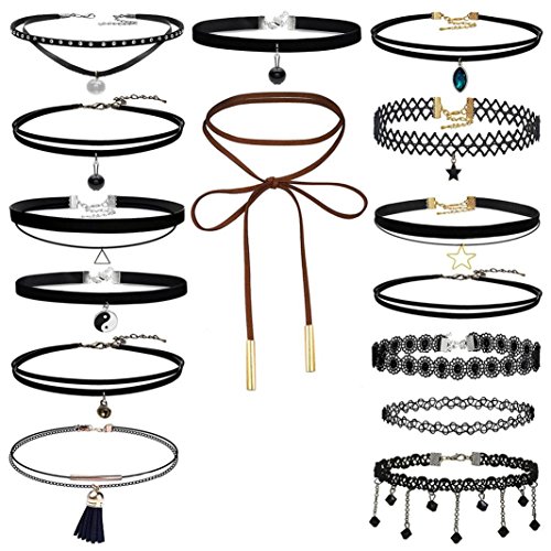 Creazy 15Pieces Choker Necklace Set Stretch Velvet Classic Gothic Tattoo Lace Choker