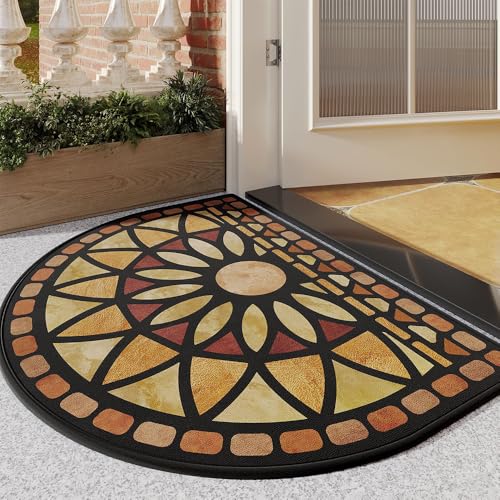 HOMELEPHANT Boho Door Mat Indoor Outdoor 45cm x 75cm, All-Season, All-Weather Half Circle Doormat, Sturdy Low Pile Front Door Mat, Easy Clean Patio Porch Entryway Rug, Yellow/Orange