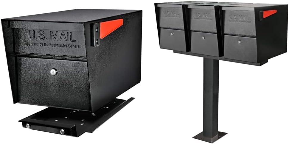 Mail Boss 7500 Mail Manager Pro Curbside Security Black Locking Mailbox + Mail Boss 7140 Box Spreader Bar