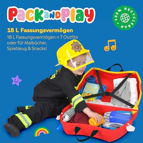 Trunki Handgepäck Und Kinderkoffer zum Draufsitzen | Kinder Risen Geschenk für Mädchen Und Jungen | Trolley Frank Feuerwehrauto (Rot)