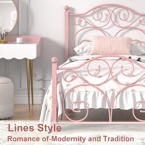 Image of VECELO Twin Size Bed Frame with Headboard and Footboard, Heavy Duty Metal Slat Support, Platform Mattress Foundation, No Box Spring Needed, Easy Assembly, Light Pink