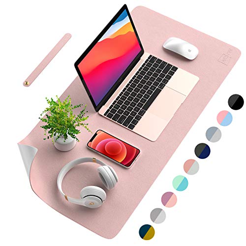 AFRITEE Desk Pad Protector Mat - Dual Side PU Leather Desk Mat Large Mouse Pad Waterproof Desk Organizers Office Home Table Decor Gaming Writing Mat Smooth (Rose Pink/Silver, 35.4" x 17")