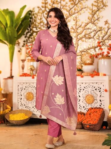 Image of Pinkmint Women Jacquard Silk Ethnic Kurta with Dupatta Suit for Women | Straight Fit Designer Wear with Woven Pattern & Tassel Dupatta | Availble in Plus Size