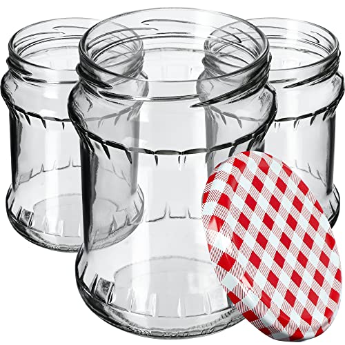 KADAX Bocaux de 500 ml, Pots en Verre avec Couvercle Hermétique de 82mm pour la Conservation des Aliments, Idéals pour Confitures et Miel (Carreaux Rouges, Lot de 16)