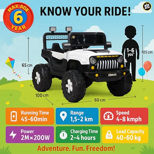 Image of Wishmaster Kids Thar Electric Ride-On Car Battery Powered Vehicle with Big Heavy-Duty Wheels, LED Lights, Music Player, Parental Remote Control - Suitable for Boys & Girls Ages 2-6 Years