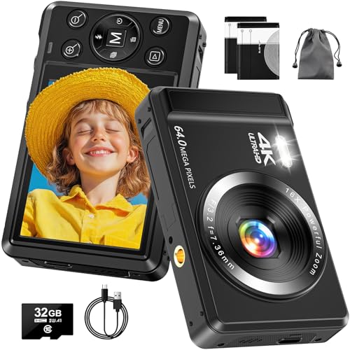 Cámara digital 4K de 64 MP con tarjeta de 32 GB y 2 baterías, cámara digital de 16x, enfoque automático, cámara compacta UHD para niños, principiantes y adolescentes