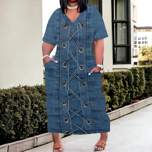 Image of SUZONANA Plus Size Denim Print Shirt Maxi Dresses for Curvy Women Casual Blue Jean Summer Outfits Long Short Sleeve Dress with Pockets Patchwork 6XL