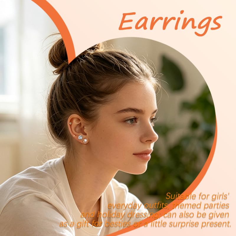 Image of CZ Stud Pearl Earrings for Women Girls Hypoallergenic Earring Set Ear Studs Jewelry for Birthday Christmas Party Gifts Silver 9 Pairs
