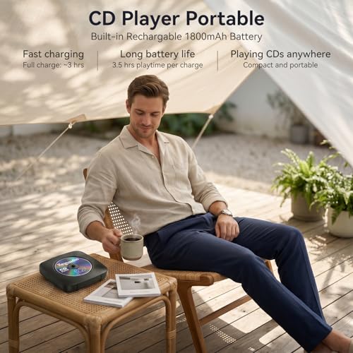 Image of CD Player Portable Bluetooth Rechargeable: CD Players for Home with 1800mAh Kegaudio Desktop Wall CD Player with Speakers Dust Cover FM Radio USB AUX Jack Remote Control