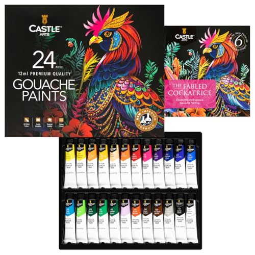 Castle Art Supplies Juego de pinturas Gouache | Fórmula mejorada | 24 x 12 ml colores brillantes, opacos, a base de agua | Versátil, fácil de usar (nueva fórmula mejorada)