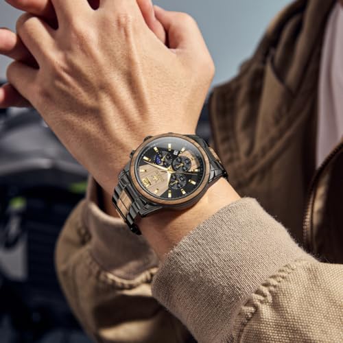 Image of OLEVS Men Watch Wooden Accent Band Multi Function Dial Luminous Waterproof Casual Luxury Business Watch
