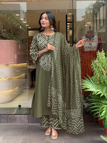 Image of GoSriKi Kurta Sets for Women Rayon Viscose Bandhani Printed | Kurti Set for Woman | Kurta Pant Dupatta Set | Straight Kurti | Round Neck 3 /4 Sleeve Suit Set for Women Stylish Ethnic Outfit