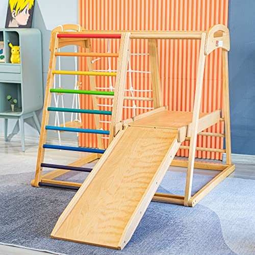 Indoor 7 in 1 Children Solid Wood Beech Wood Climbing Frame Baby slide18 Months to 10 Years Old Indoor Ring Swing Small Amusement Park Family Small Fitness