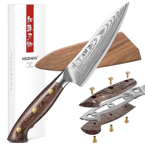 HEZHEN Damaststahl Universal Messer, Hartstahl Allzweckmesser mit Holzmesserscheide, Rasiermesserscharfe Klinge Schälmesser, Multifunktionales Obstmesser Full Tang Griff aus Micarta