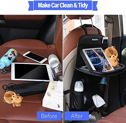 Car Back Seat Organiser PU Leather with Foldable Table Tray Car Organiser with Tissue Box/Cup/Umbrella Holder Kick Mats Car Backseat Organiser Protector Universal Use for Kids Car Travel Accessories